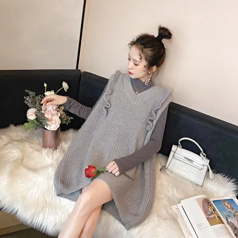 

2021 women fall/winter new casual mid length vest dress Women sleeveless V-neck sweater vest
