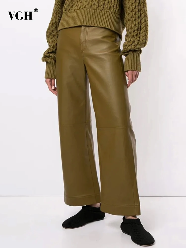 

Женские винтажные брюки из искусственной кожи VGH, однотонные свободные длинные прямые брюки с высокой талией, стильная Осенняя модная одежд...