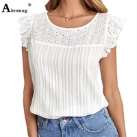 aimsnug women latest summer casual shirt loose blouse butterfly sleeve hollow out tops ladies tunic blusas femme clothing 2022