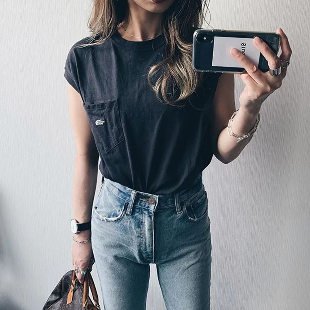 

Футболка женская с карманами и надписью, модная Простая Офисная рубашка в корейском и японском стиле для девушек, Приталенный топ, черный цв...