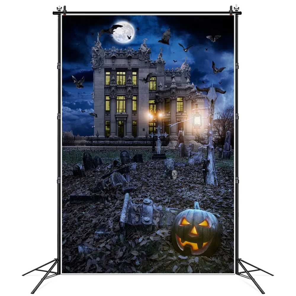 

Moon Night Bat Castle Cemetery Pumpkin Lantern Halloween Photography Backgrounds Custom Baby Party Decoration Photo Backdrops