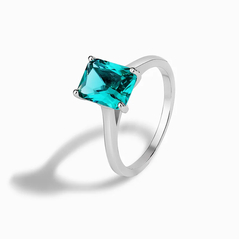 

S925 Sterling Silver White Gold Paraiba Glass Stone Square Jewelry Versatile Exquisite Women's Ring