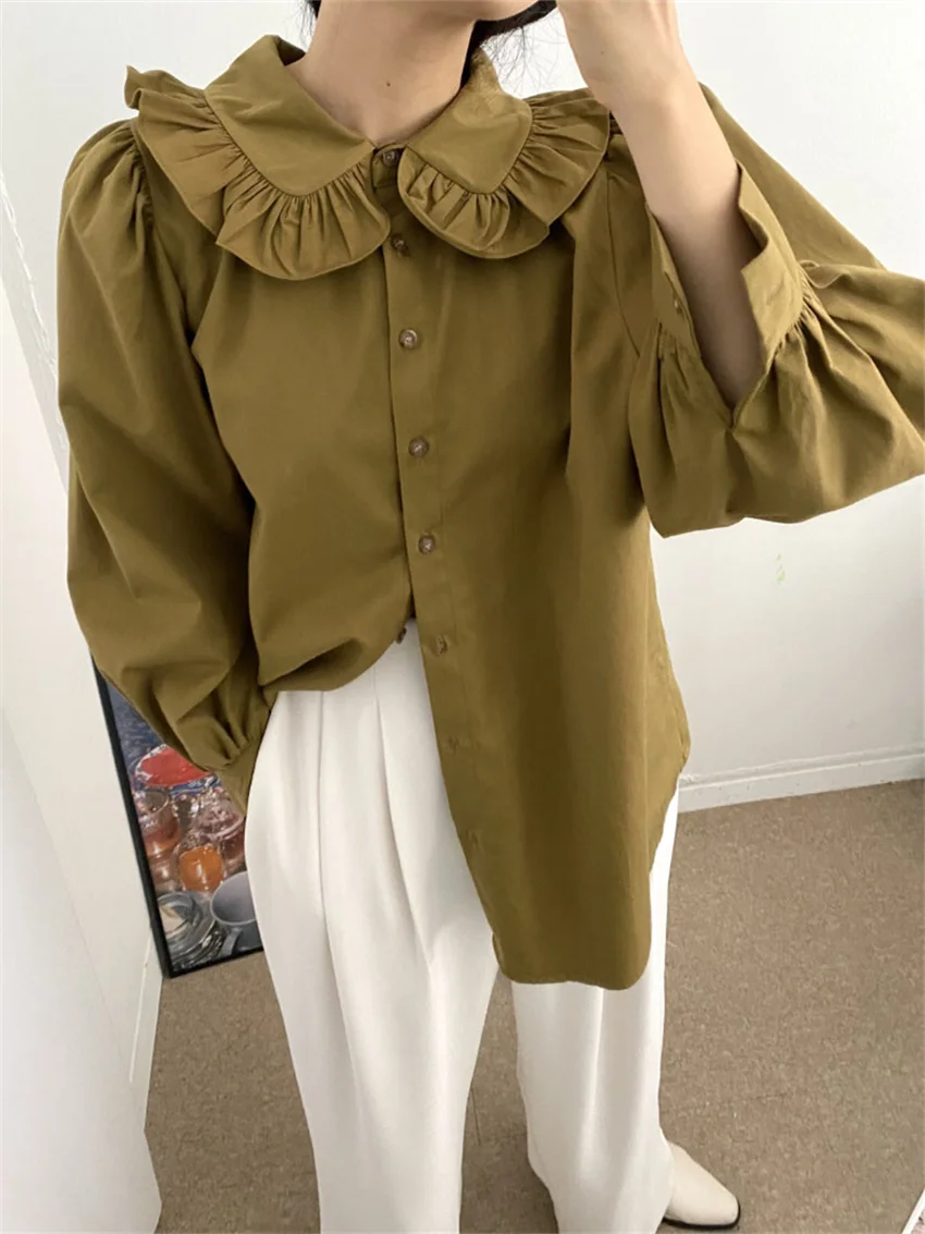 

HziriP Chic Autumn Shirts Peter Pan Collar Stylish Women New 2022 Office Lady Loose Casual Work Wear Bottom Full Sleeve Mujer