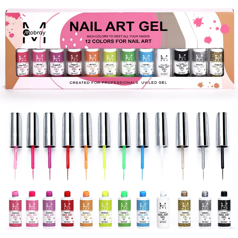 

Painted Gel Nail Polish Liner Set - Liner Nail Art Gel Polish Set 12 Colors Soak Off UV LED French Manicure