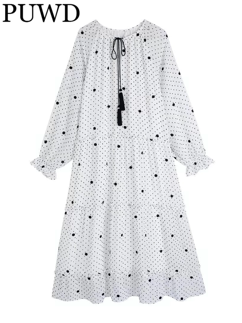 

PUWD Women O Neck Bow Lace Petal Sleeve Dress 2022 Spring Fashion Ladies Chinese Style Sweet Dress Female Cabochon Loose Dress