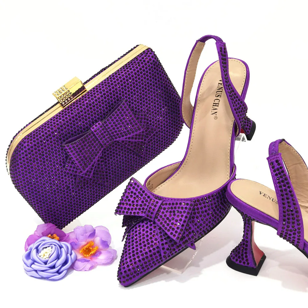 

Latest Mature Style African Women Shoes and Bag to Match in PURPLE Color Comfortable Heels with Shinning Crystal for Wedding