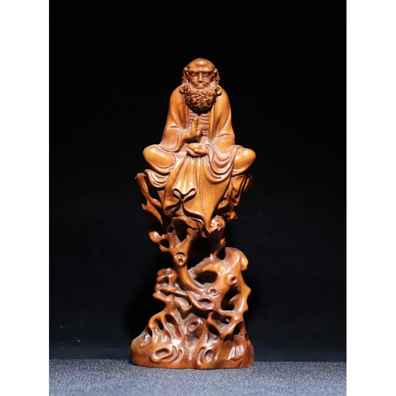 

6.8" Collect China Box-Wood Hand Carving Taoism Dharma Staue Statuary