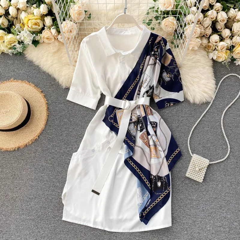

Light Mature Women's Dress Shirts Design Sense Irregular Satin Print Dresses For Women 2022 Stitching Short-Sleeve Dress Woman