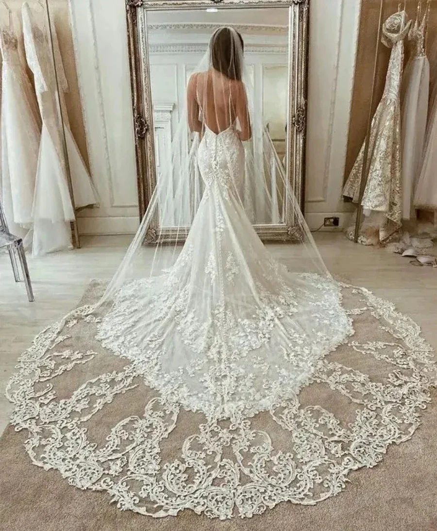 

Hot Sale White Ivory Long Bridal Veils Cathedral Length Lace Applique Bride Velo De Novia Complementos De Boda 2023