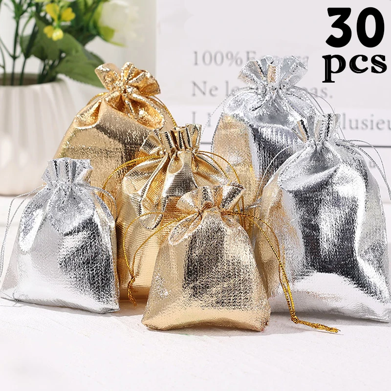 

10-30pcs Gold Sliver Color Drawstring Bag Jewelry Packing Metallic Foil Fabric Bag Wedding Party Gift Storage Pouches Candy Bags
