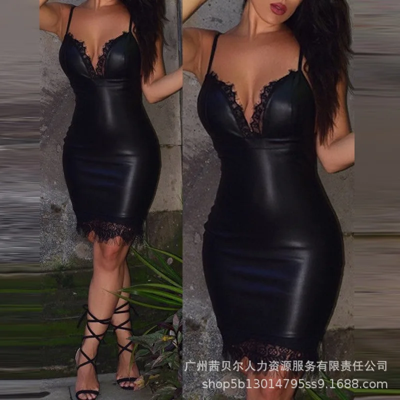 

Contrast Lace Spaghetti Strap PU Leather Bodycon Dress Fashion Women Sexy V Neck High Waist Corset Party Evening Cocktail Dress