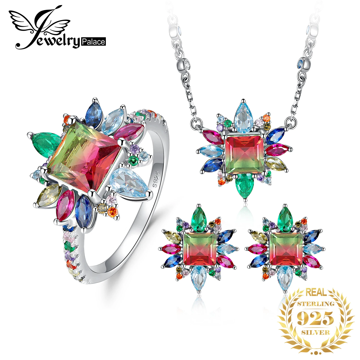 

JewelryPalace Simulated Tourmaline Created Ruby 925 Sterling Silver Ring Earring Pendant Necklace Jewelry Set for Woman