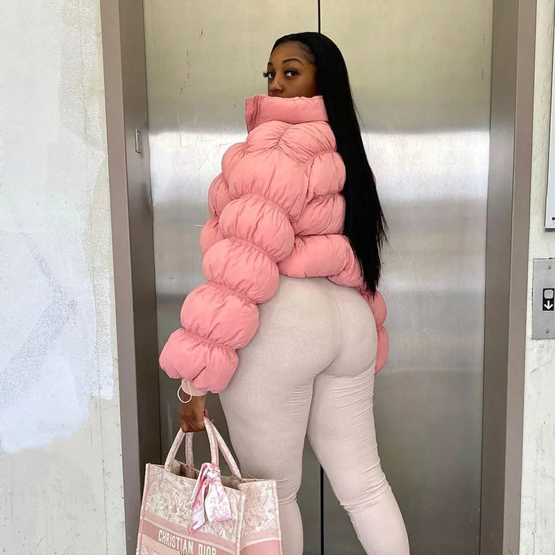 WeiYao Parkas Winter Jacket for Women Long Doughnut Sleeves Stand Collar Zipper Coat Women Winter Oversize Jackets Puffcoat Pink