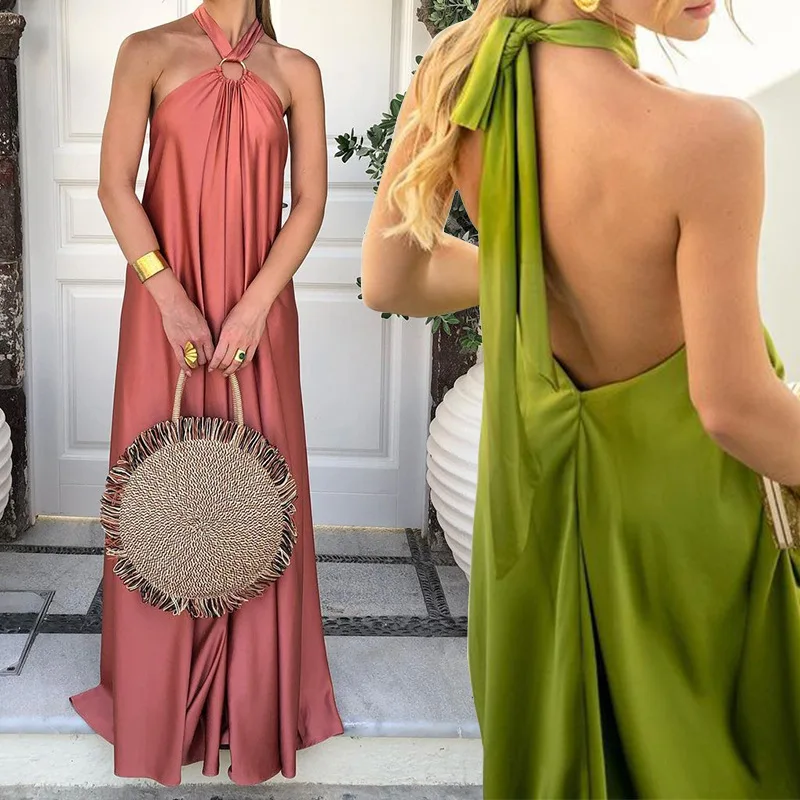 

Женское элегантное модное свободное платье с лямкой на шее, женское повседневное пикантное однотонное наряды без рукавов для отпуска, длинное платье, уличная одежда