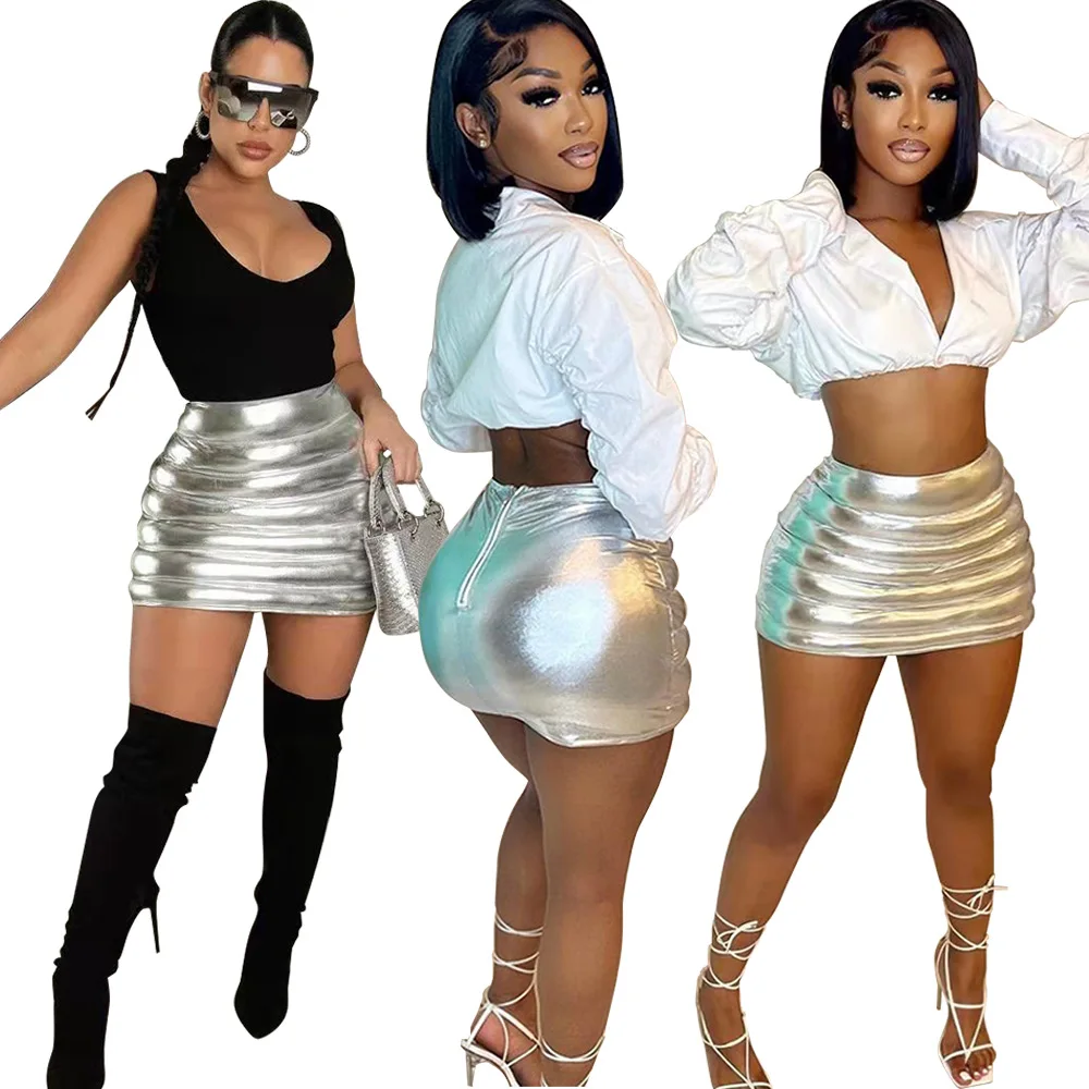 

2022 Fashion Women's Bright Silver Cotton Bodycon Skirt