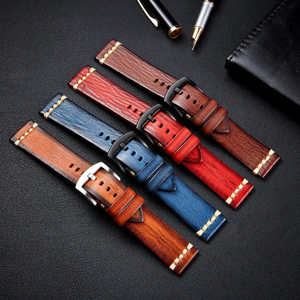 Genuine Leather Watchband For Galaxy Watch Strap Vintage 18mm 20mm 22mm 24mm Watch Band For Tissote Omega Wrist Bracelets