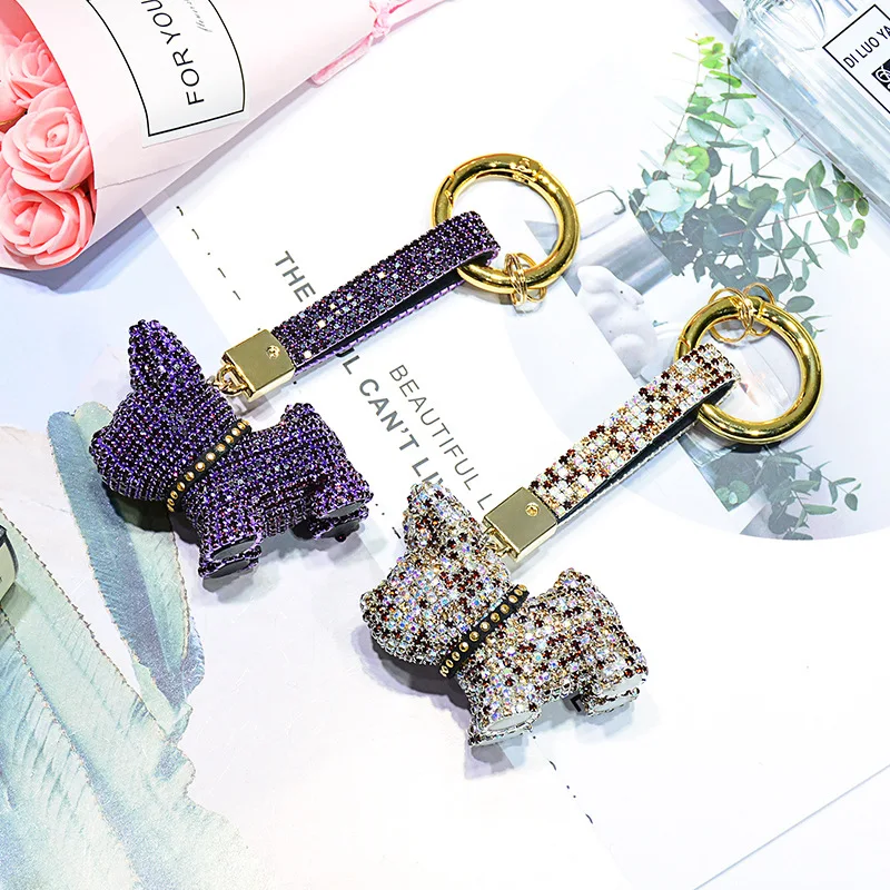 

Luxury Crystal French Bulldog Keychain Lanyard Rhinestone Leather Strap Dog Keychains Women Bag Charms Men Car Key Ring Jewelry