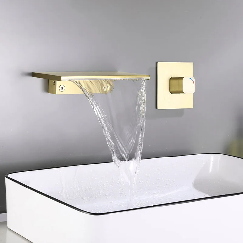 

Wall Mounted Waterfall Bathroom Faucet Suitable For Sink & Bathtub Tap In Grey/Brushed Gold/Black/Chrome Basin Water Mixer