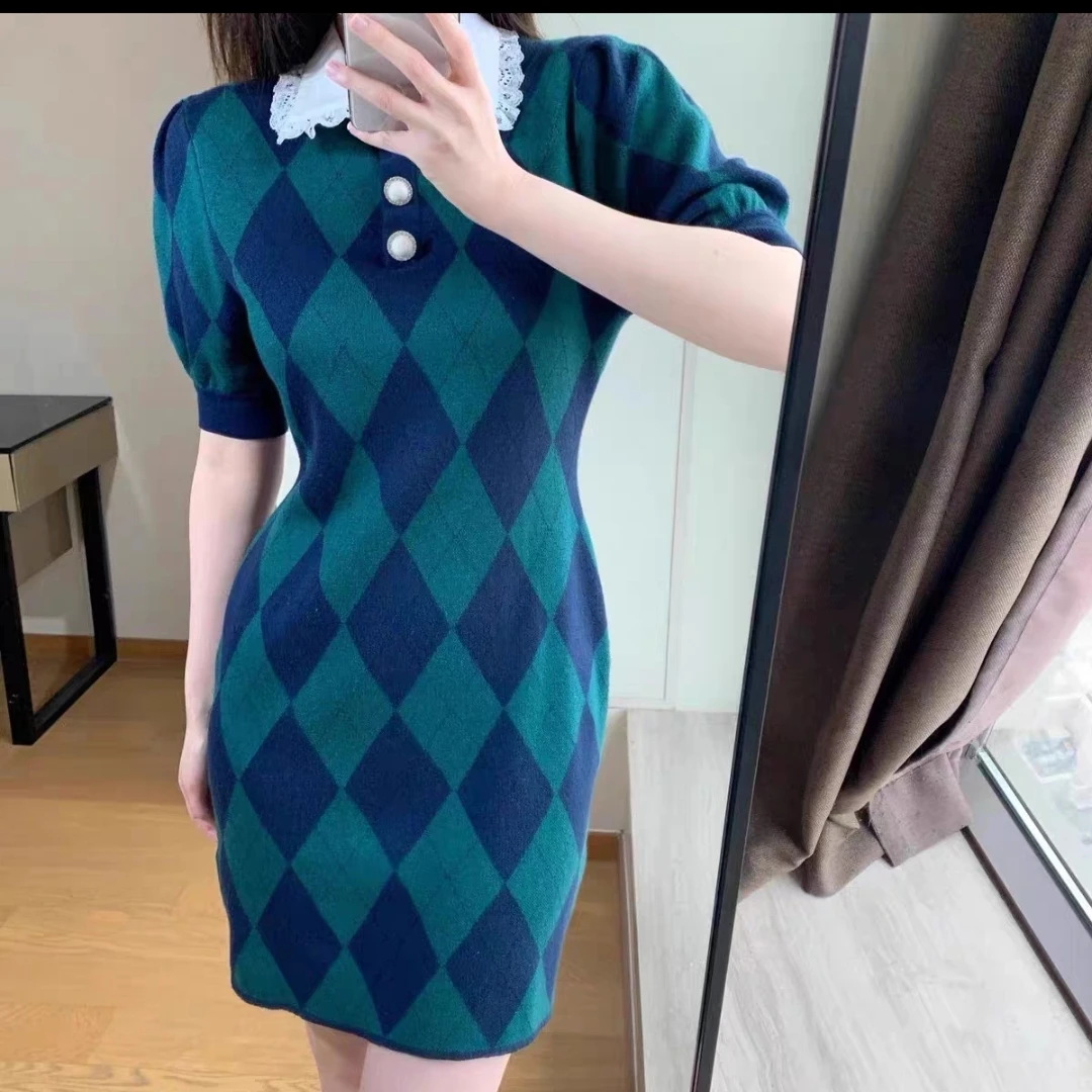 

The new summer dresses loose women to restore ancient ways reduce age show thin diamond lattice hubble-bubble sleeve color knit