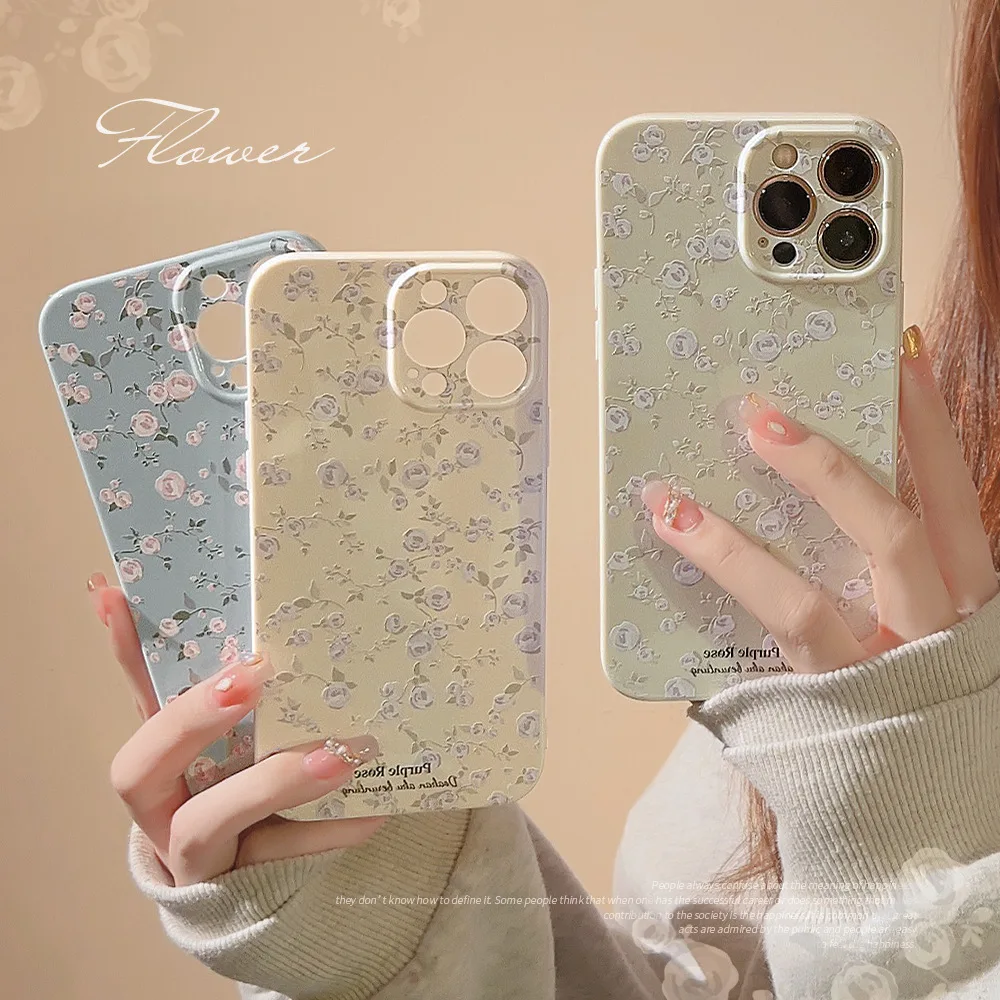 

Korean Vintage Floral Phone Case for iPhone 14 12 13 11 Pro ProMax Mini Plus XR Xsmax Xs Shockproof Soft Cover