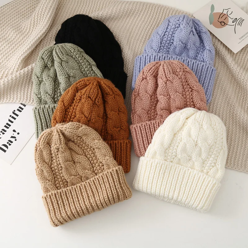 

Korean version ins solid color Fried Dough Twists wool hat lovers leisure simple winter warm monochrome jacquard knitting hat