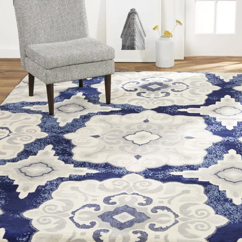 

Deluxe Mediterranean Medallion Area Rug in Navy Blue and Ivory, 21"x35" for Home Decor and Comfort.