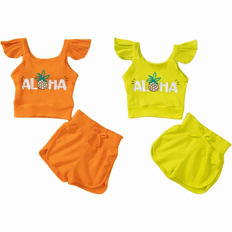 

Summer Baby Girl Clothing Set Toddlers Girls Suits Aloha Beach Wear T Shirt High Waist Shorts Cute Kids Clothes Children Outfit