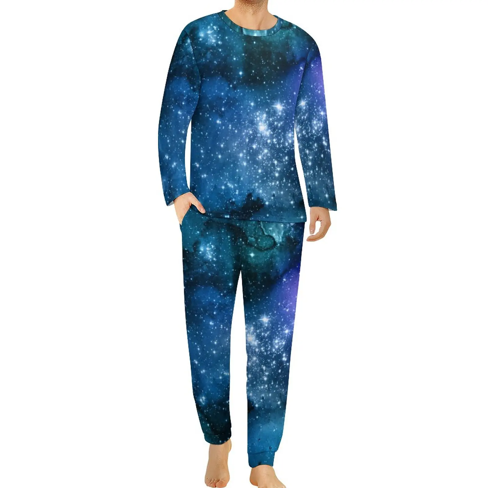 Starry Space Pajamas Galaxy Blue Sky Mens Long Sleeve Romantic Pajama Sets 2 Pieces Night Spring Graphic Nightwear Gift Idea