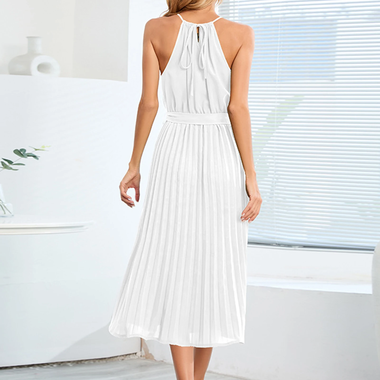 

Женское летнее длинное платье без рукавов, женское плиссированное платье, однотонное платье макси на завязках, элегантный стиль, свободный крой, наряд для отпуска
