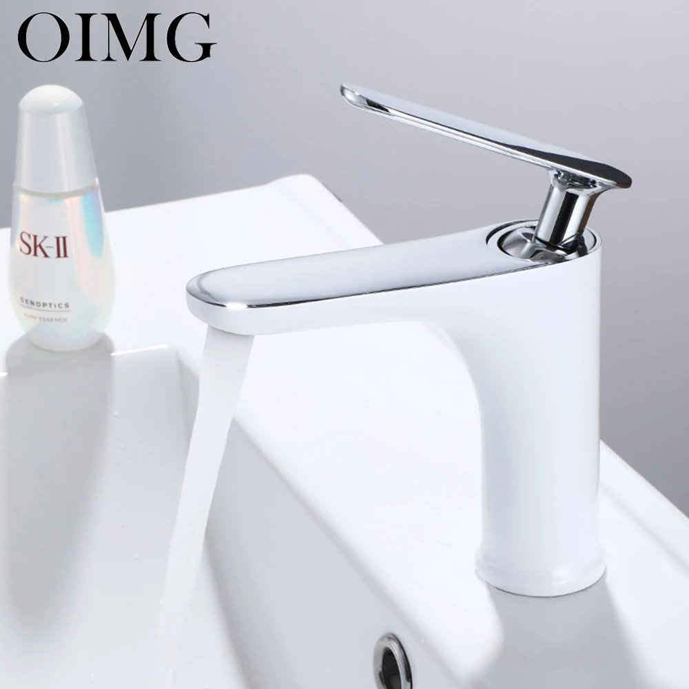 

OIMG White Basin Sink Faucet Mixer Tap Bathroom Cabinet Single Hole Sink Wash basin Hot and cold faucet Rotatable Mixer Tap Deck