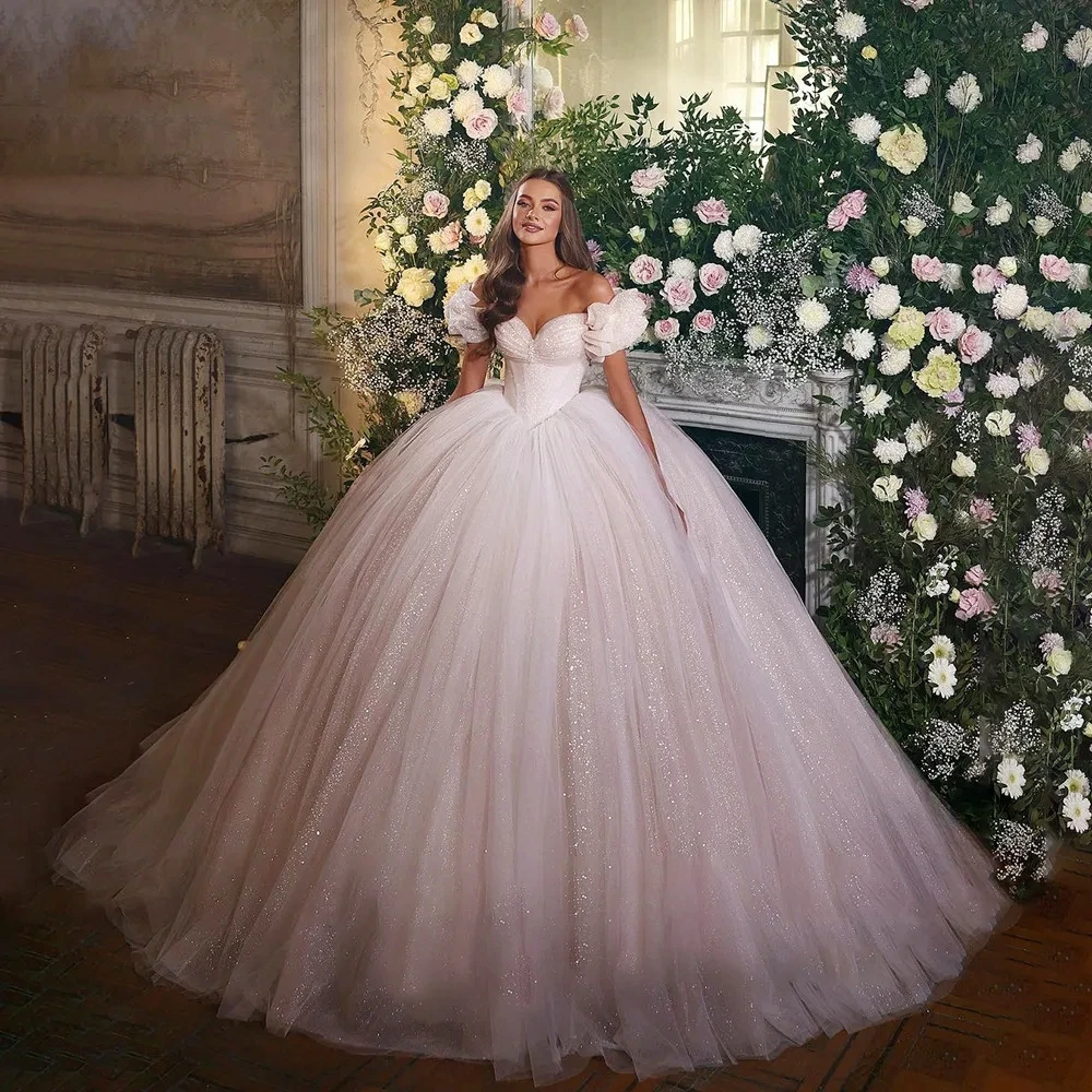 

Custom Made Exquisitely 2023 Sweetheart Off The Shoullder Sleeve Princess Wedding Dress Shiny Tulle Bridal Ball Bride Gowns