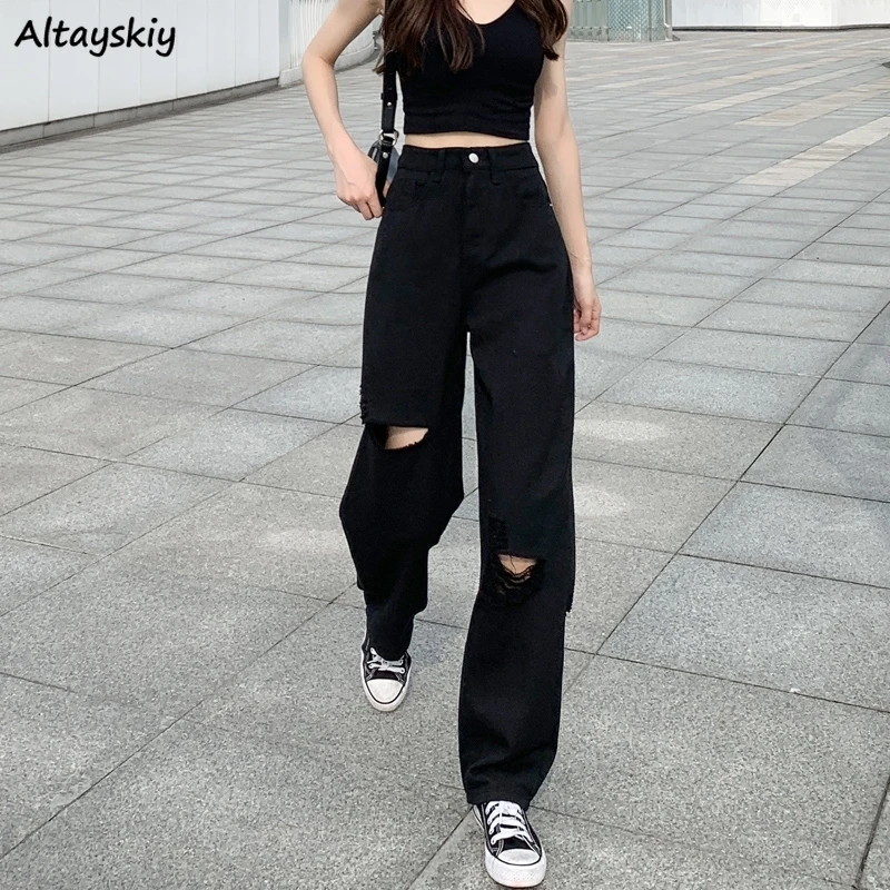 

S-5XL Jeans Women Mopping Retro Hole Streetwear Harajuku Ripped Denim Trousers Wide Leg Empire Black Ulzzang Design Popular Ins