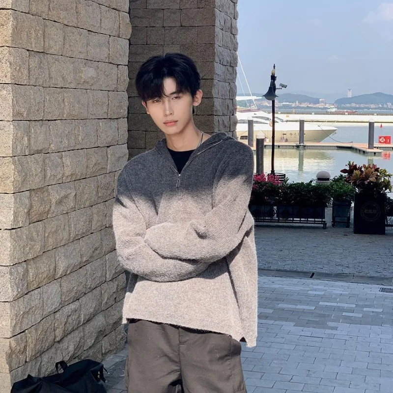 Большие размеры 50 00 кг Свободный свитер с капюшоном на молнии Мужская одежда