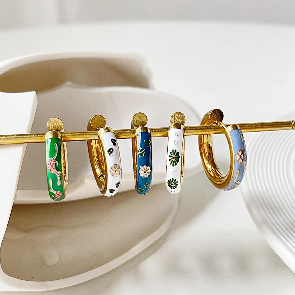 

Minar Unusual Colorful Enamel Flowers Hoop Earrings for Women Golden Stainless Steel Round Circle C Shaped Earring Daily Jewelry