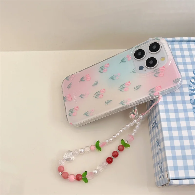 Чехол для телефона с цветами iPhone 16 Pro 15 13 14 Max 15Pro противоударный чехол цепочкой в