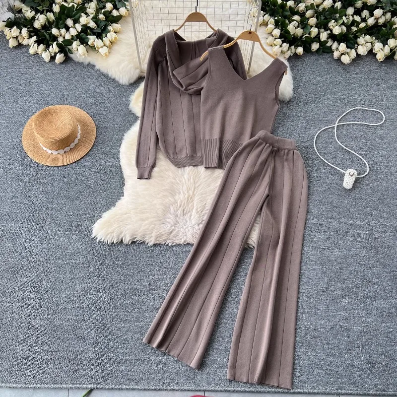 Корейский шикарный простой однотонный вязаный костюм женский кардиган с