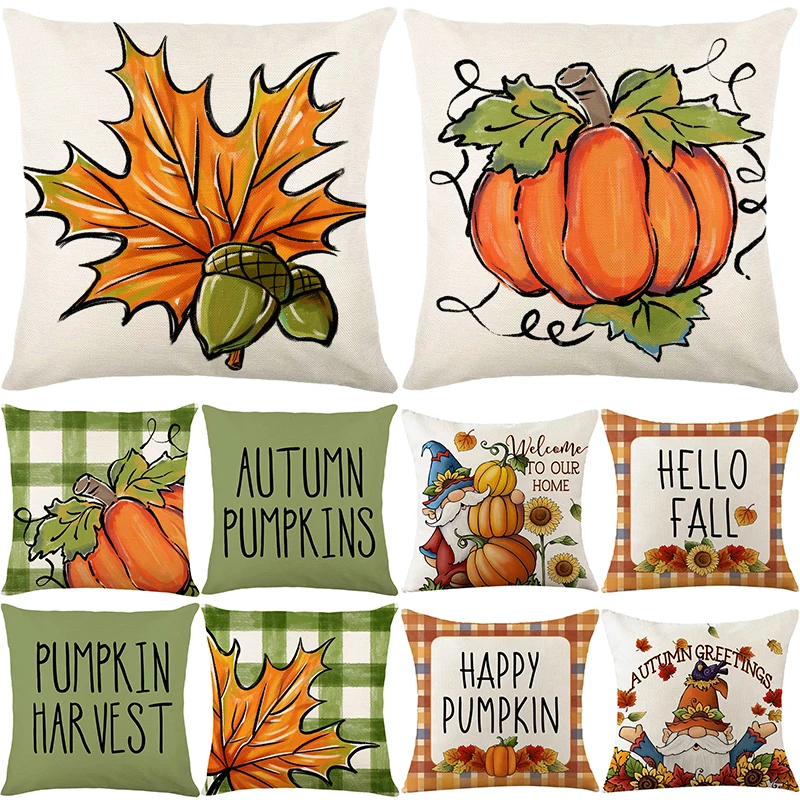 

Thanksgiving Decorative Pillow Cover Maple Leaves Pumpkin Dwarfs Printed Cushion Cover Autumn Home Couch Decor Throw Pillow Case
