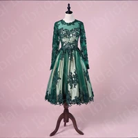 on sale dark green mother dresses tea length wedding party gowns lace long sleeves mother of the groom dresses appliqued 2022