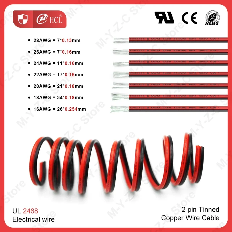 Электрический провод 1 м/5 м 2-контактный изолированный ПВХ UL2468 для светодиодов