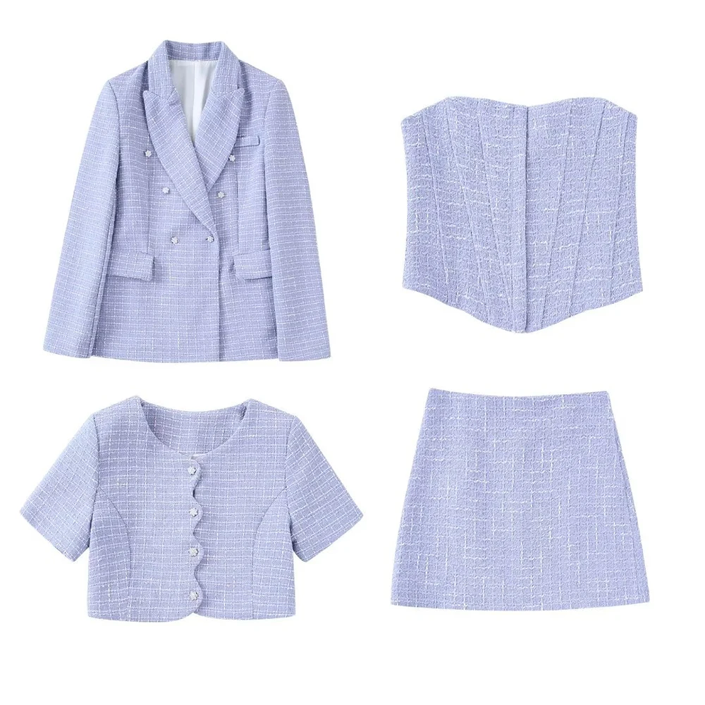 

WOMEN TRAF New 2022 Textured Double Breasted Decorative Plaid Blazer Long Sleeve Pocket Vintage Female Elegant Blazer Two Piece