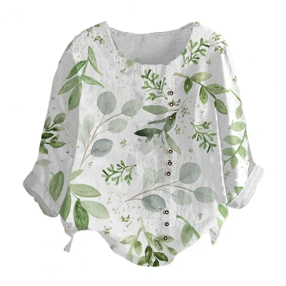 

Retro Blouse Thin Party Shirt Leaves Print Buttons Decoration Lady Blouse