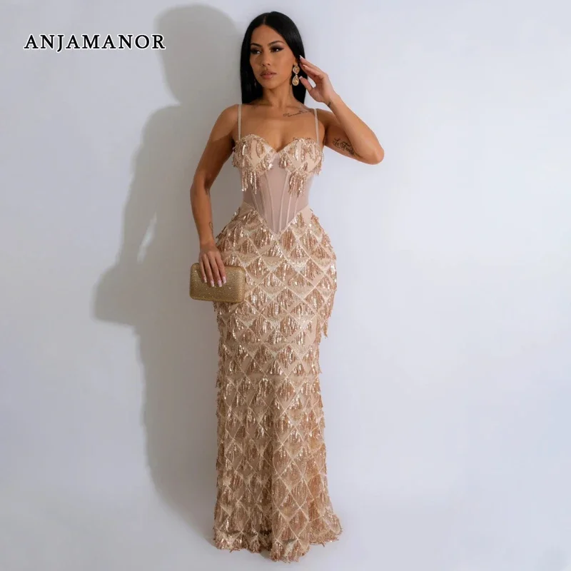 

ANJAMANOR Fringe Sequins Mesh Elegant Dresses for Women Wedding Party Luxury Sexy Sleeveless Maxi Long Dress D57-AAB49
