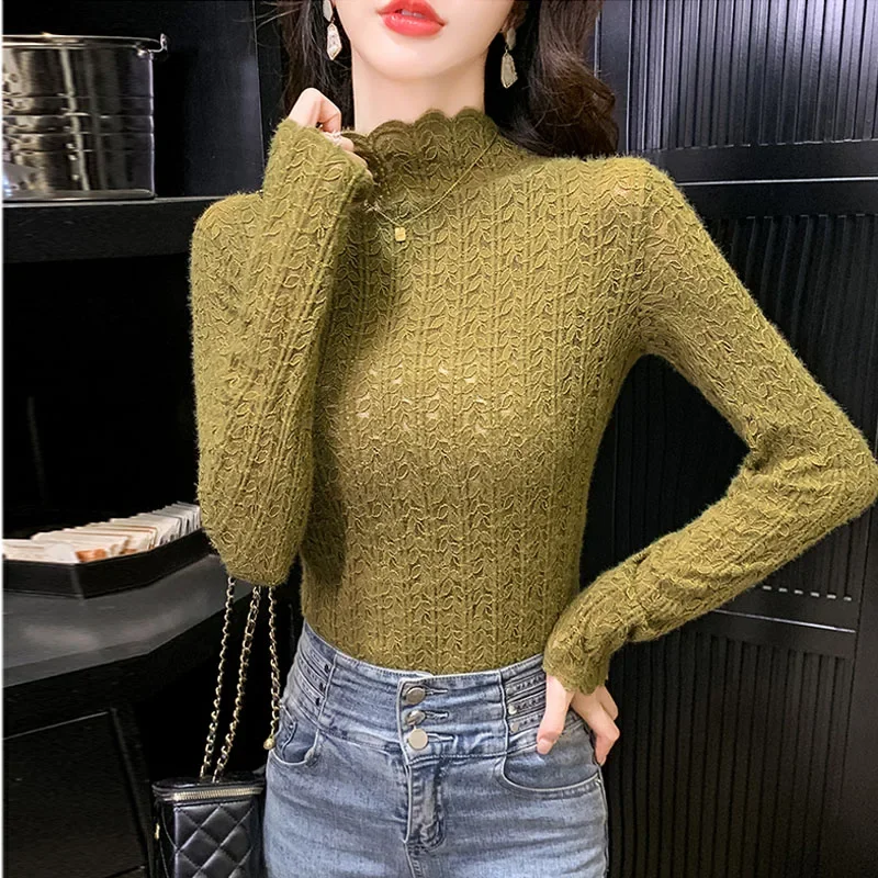 Fashion Long Sleeve Women Blouse Mock Neck Lace Shirt Tops Camisas Blusas De Mujer Para M670