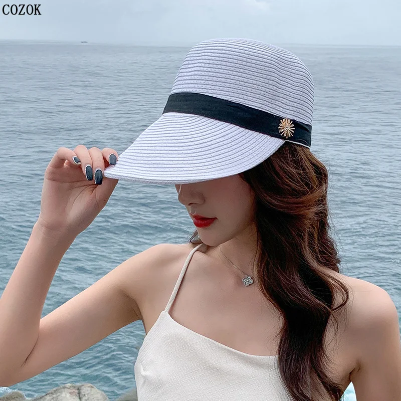 Spring Women Straw Breathable Peaked Cap Summer Outdoor Travel Sunshade Sun Protection Simple Solid Color Fashion Baseball Cap