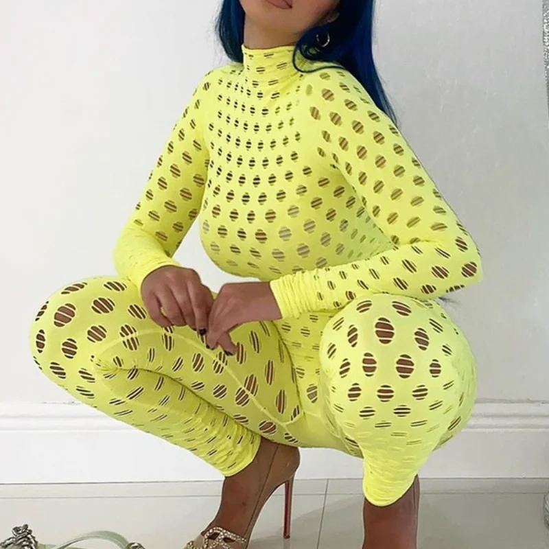 

Holes Hollow Out Sexy Zipper See Through Womens Sets Bodycon Sexy Summer Two Piece Set Crop Tops Long Legging Suits Sets G2137