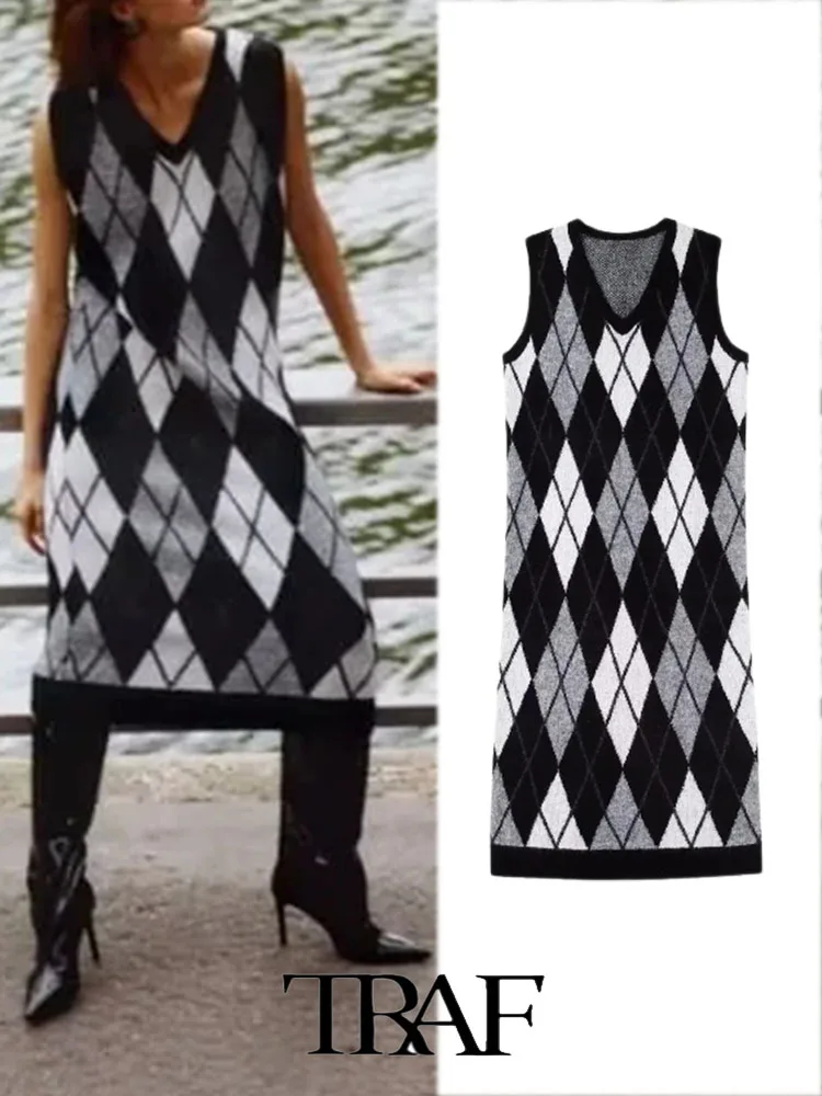 

TRAF 2022 Women Dress Vintage New Fashion Long Sleeveless Diamond Knit Dress Woman Lady Female Dress