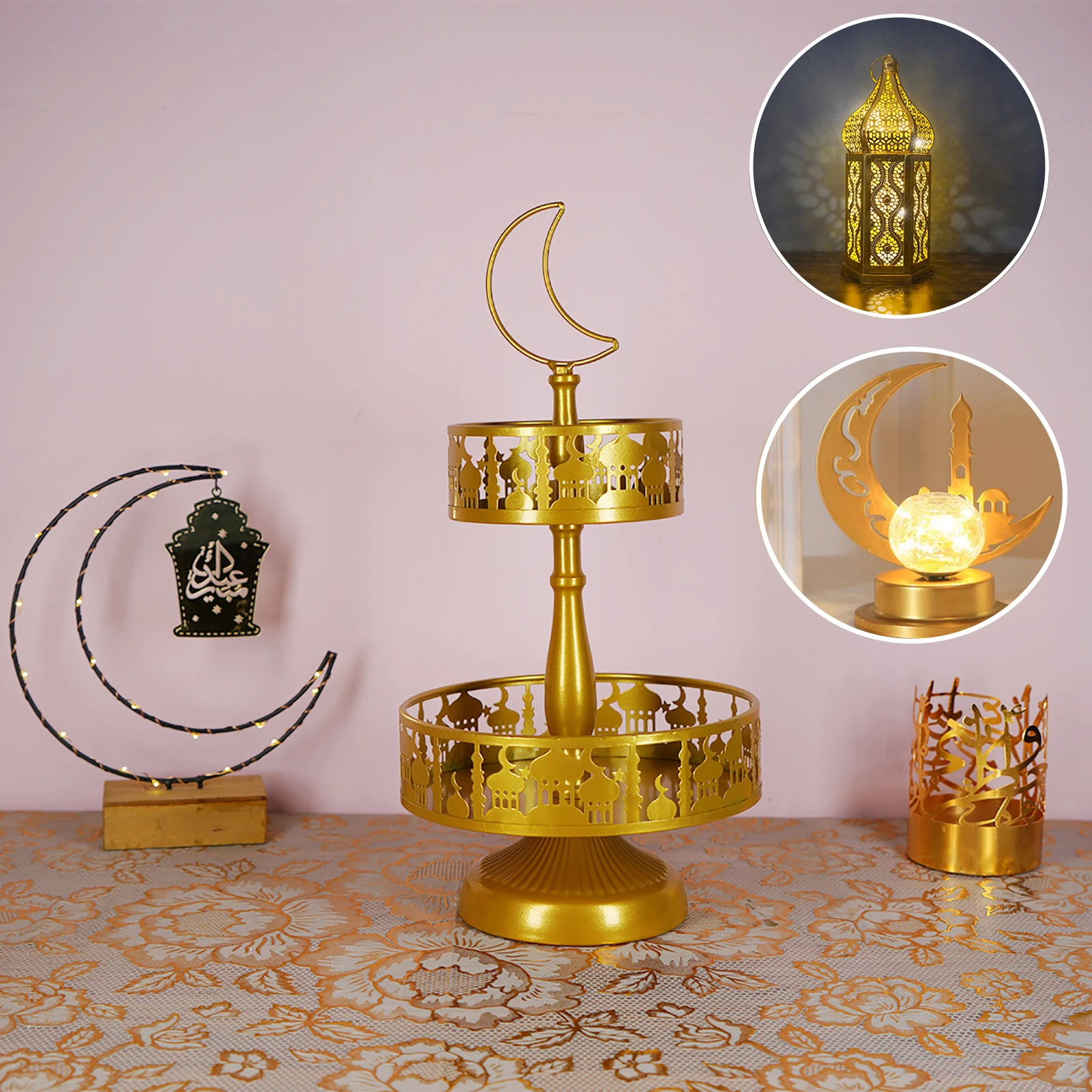 

Eid Mubarak Festival Candy Dessert Cake Stand Eid Decorative Lamp Holiday Lighting Castle Moon Ramadan Muslim Party Ornaments