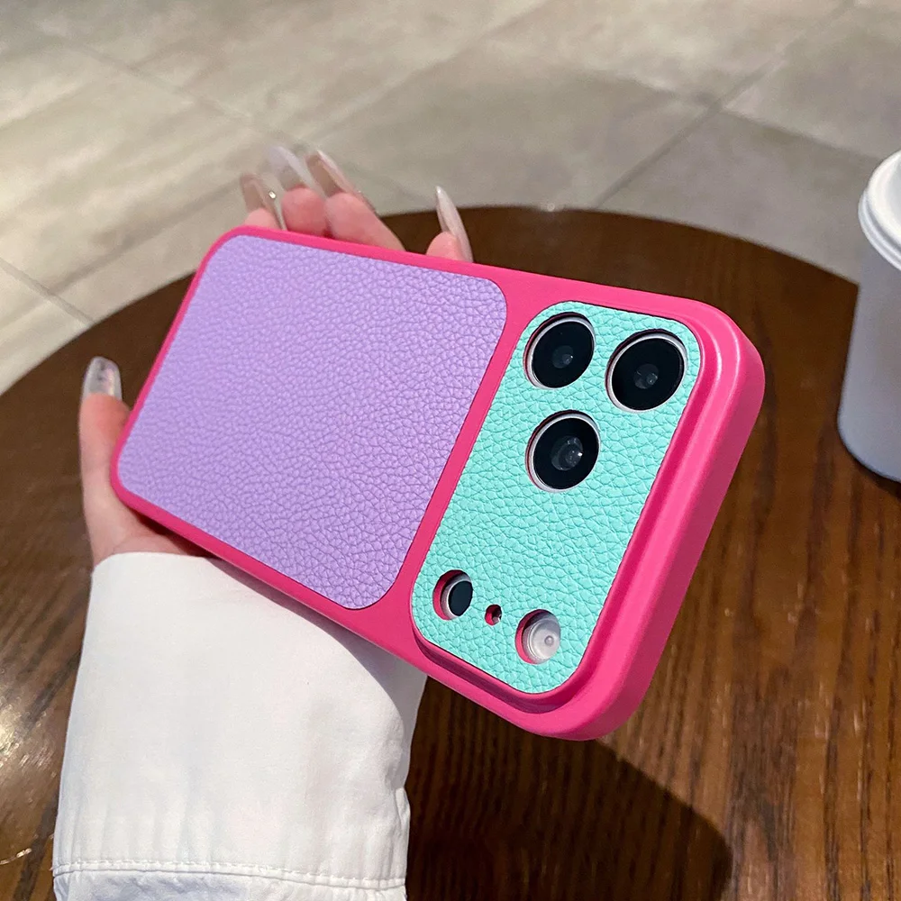 Фото Новый креативный цветной чехол из искусственной кожи PU Lichi для iPhone 17 Pro, Funda для iPhone 11, 12, 13, 14, 15, 16 Pro Max, с большим окном, полностью закрывающий корпус №2
