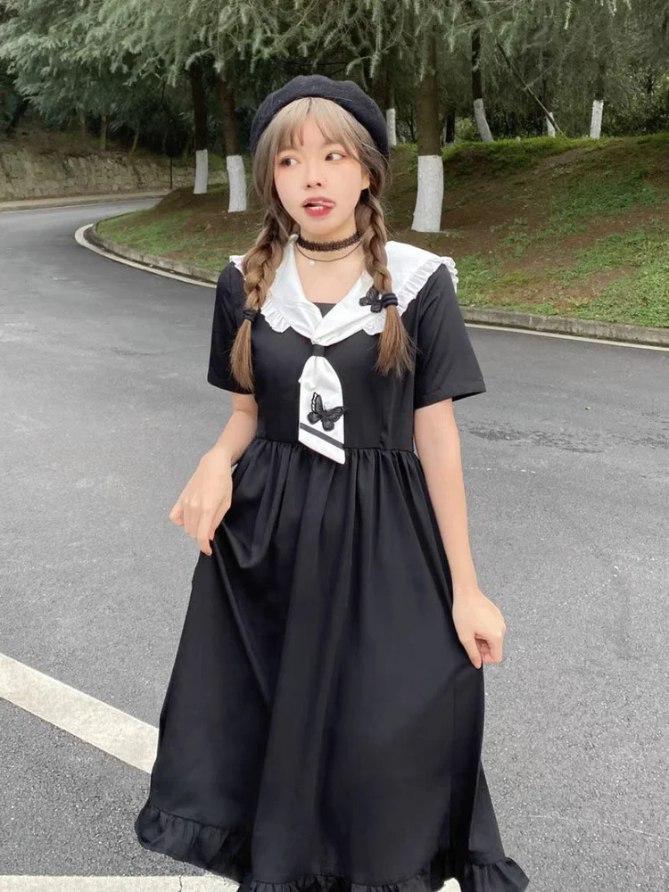 

QWEEK Japanese Harajuku Sailor Collar Kawaii Lolita Dress Women Preppy Style Ruffles Bow Midi Dresses 2022 Autumn Korean Fashion