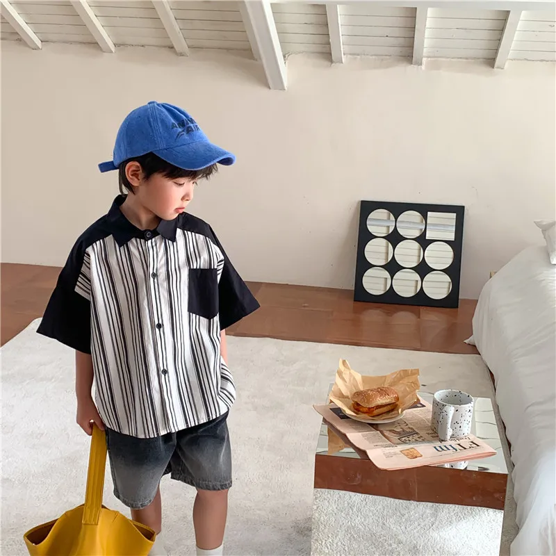 

2022 summer Boys fashion AB Vertical stripe cotton shirts Children lapel Color contrast short sleeve shirts Tops